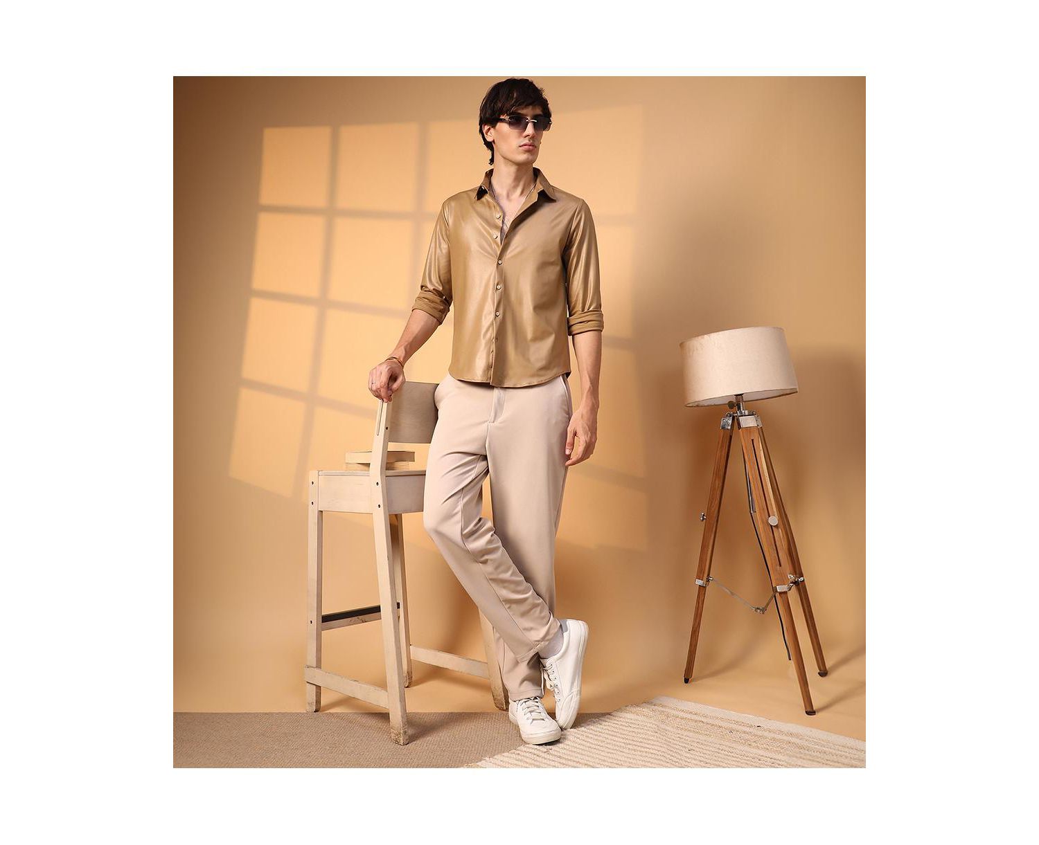 Men's Camel Brown Solid Suede Shirt