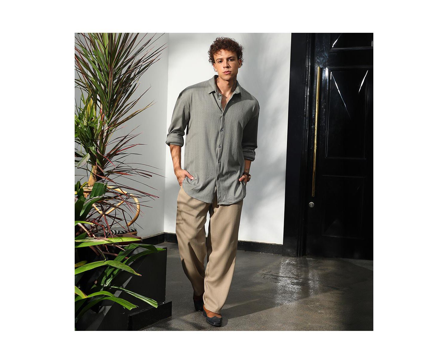 Men's Ash Grey Stripe-Textured Shirt