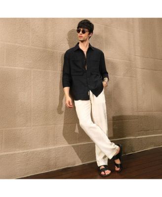 Men's Midnight Black Straw-Tactile Utility Oversized Shirt