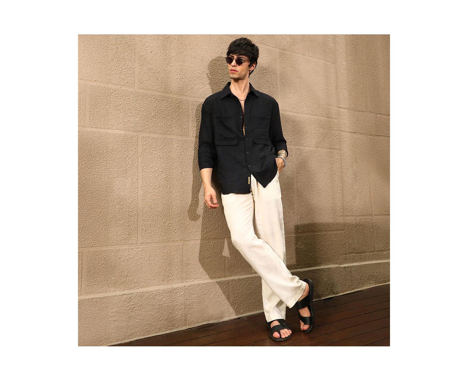 Men's Midnight Black Straw-Tactile Utility Oversized Shirt