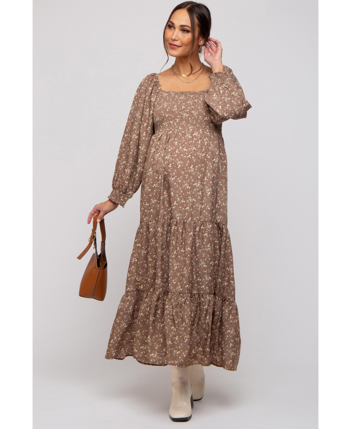 Mocha Floral Smocked Long Sleeve Maternity Maxi Dress - Mocha