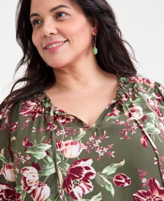 Plus Size Floral Printed Puff-Sleeve Blouse