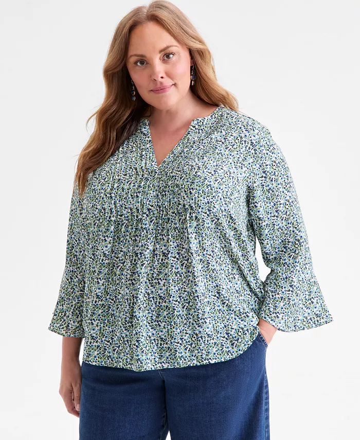 Plus Size Printed Pintuck V-Neck Top - thumbnail 3