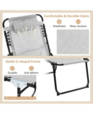 2 PCS Folding Chaise Lounge Portable Lay Flat Reclining Chair w/ 4-Level Backrest Side Pocket