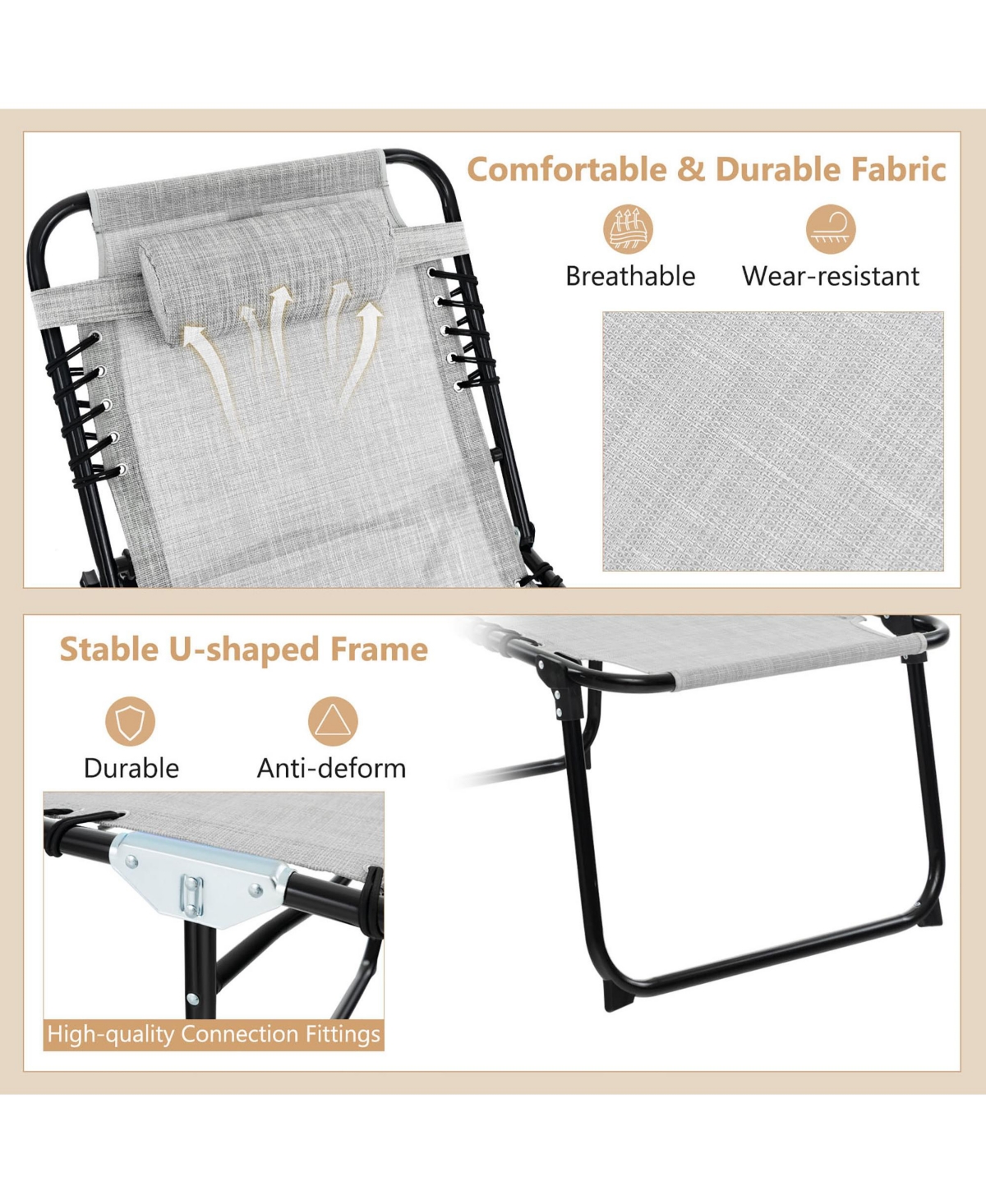 Gymax 2 Pcs Folding Chaise Lounge Portable Lay Flat Reclining Chair w/ 4-Level Backrest Side Pocket