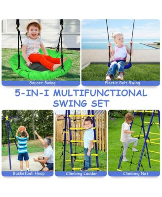 Boys 5-In-1 Swing Set for Outdoor W/ Heavy Duty Frame Basketball Hoop & Climbing Ladder