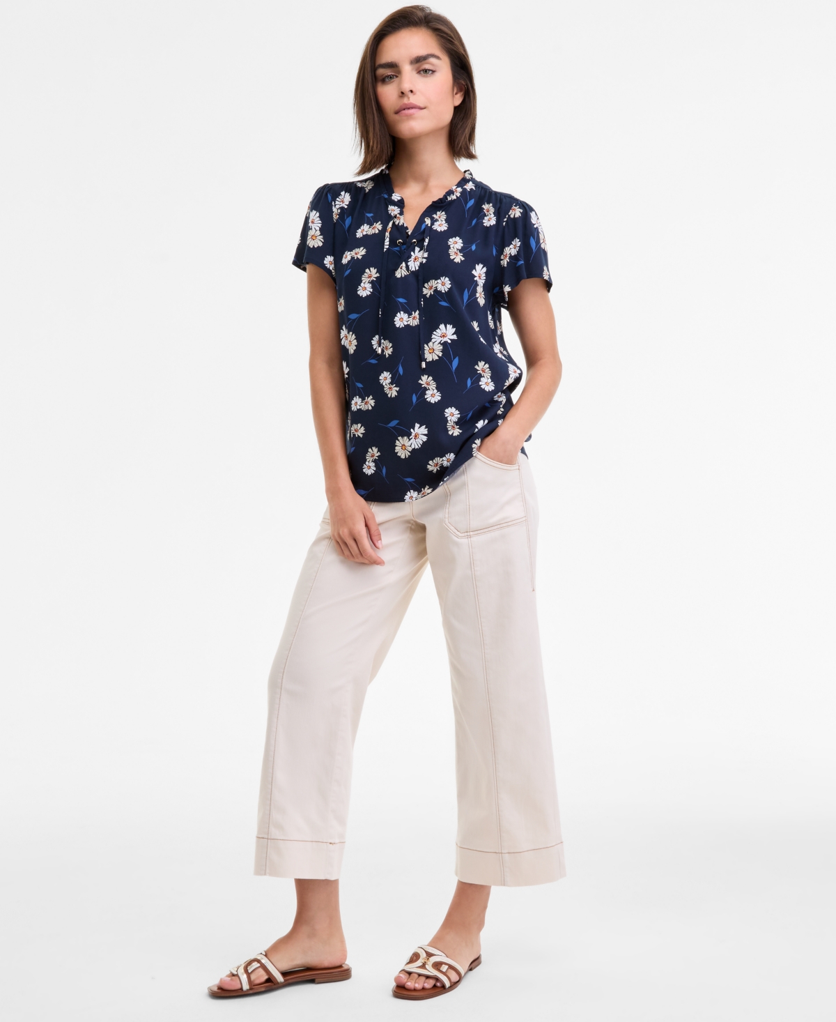 Tommy Hilfiger Women's Daisy Lace-up Ruffled Blouse In Blue