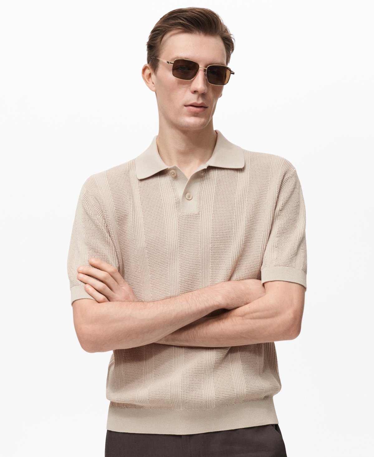 Men's Striped Openwork Knit Polo Shirt - Sand