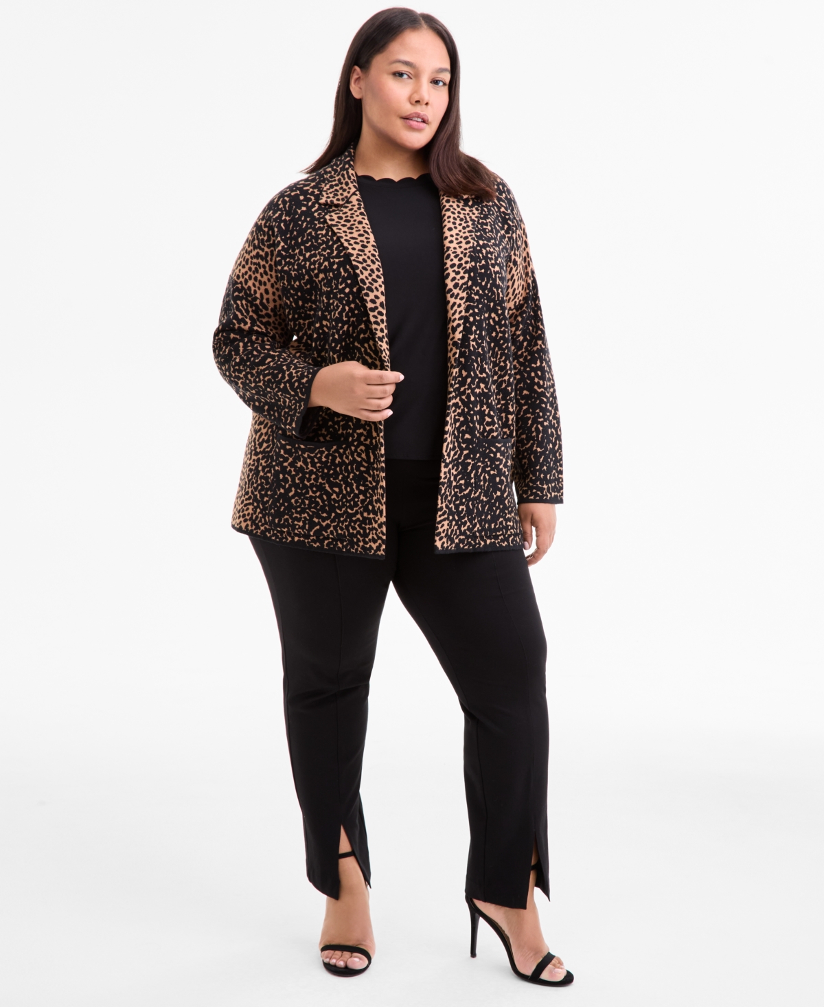 Ak Anne Klein Plus Size Printed Open-front Coatigan In Multi