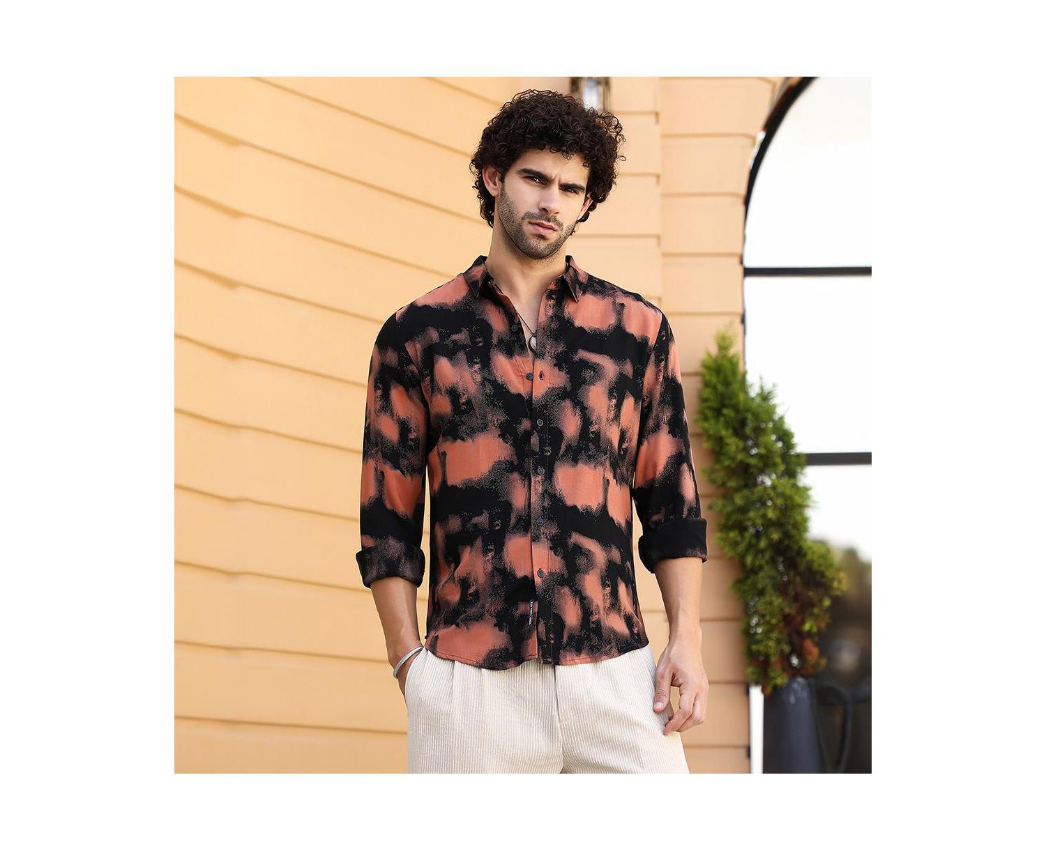 Men's Obsidian Black & Sienna Brown Smudged-Block Regular Shirt