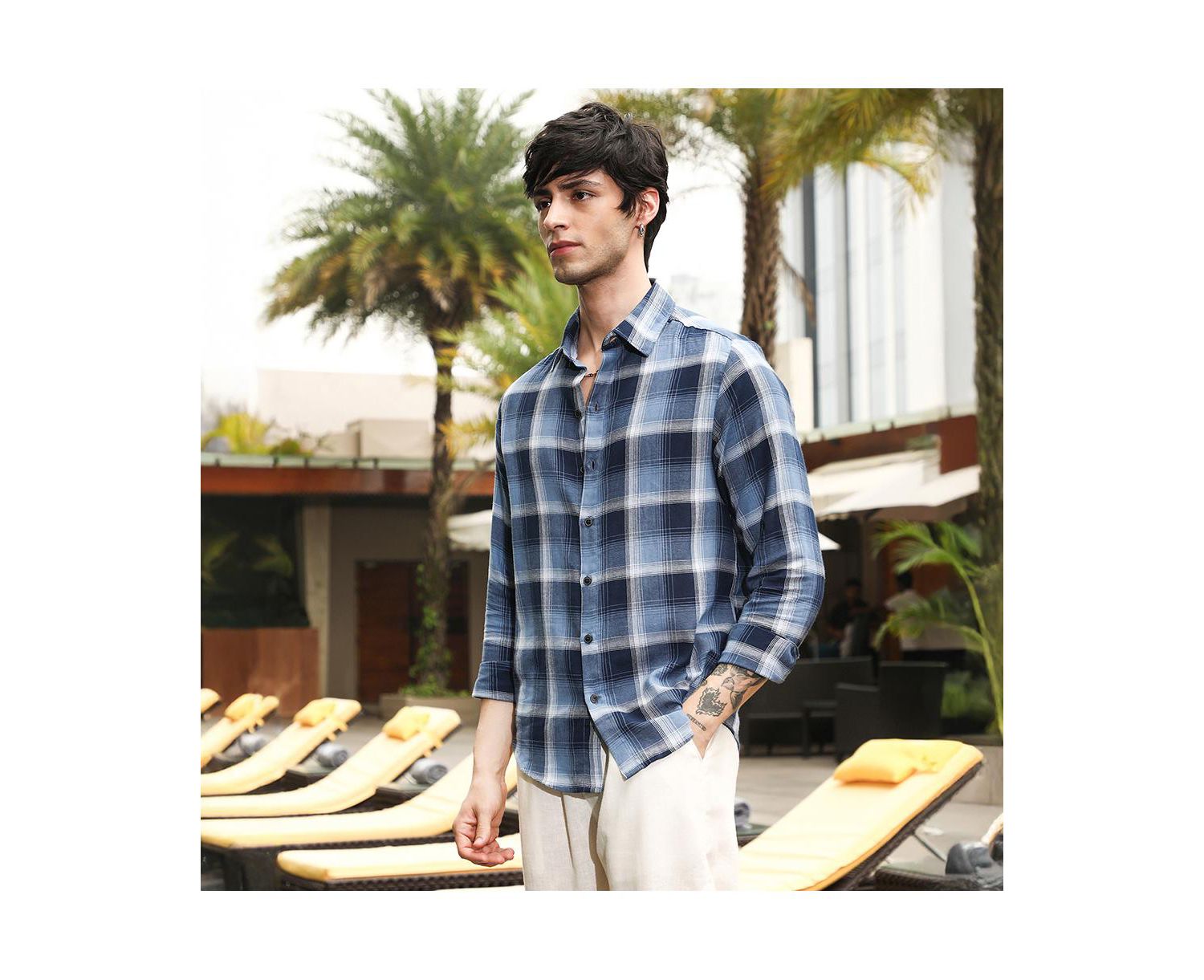 Men's Navy Blue & Off-White Multi-Checkered Shirt