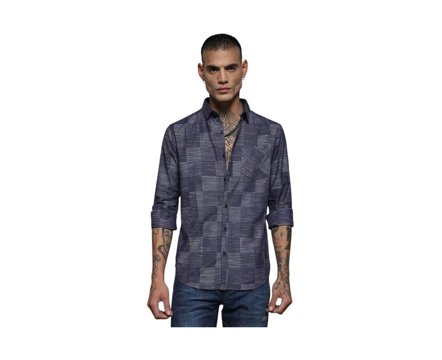 Men's Steel Blue Heathered Denim Check Shirt