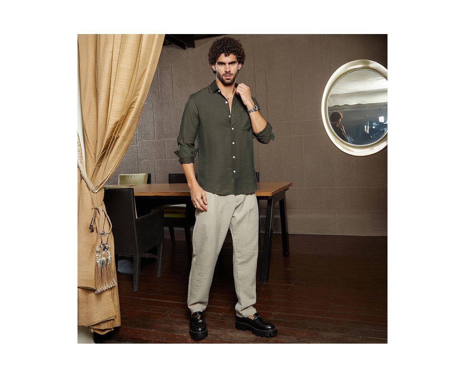 Men's Olive Green Breezy Wrinked Relaxed Shirt