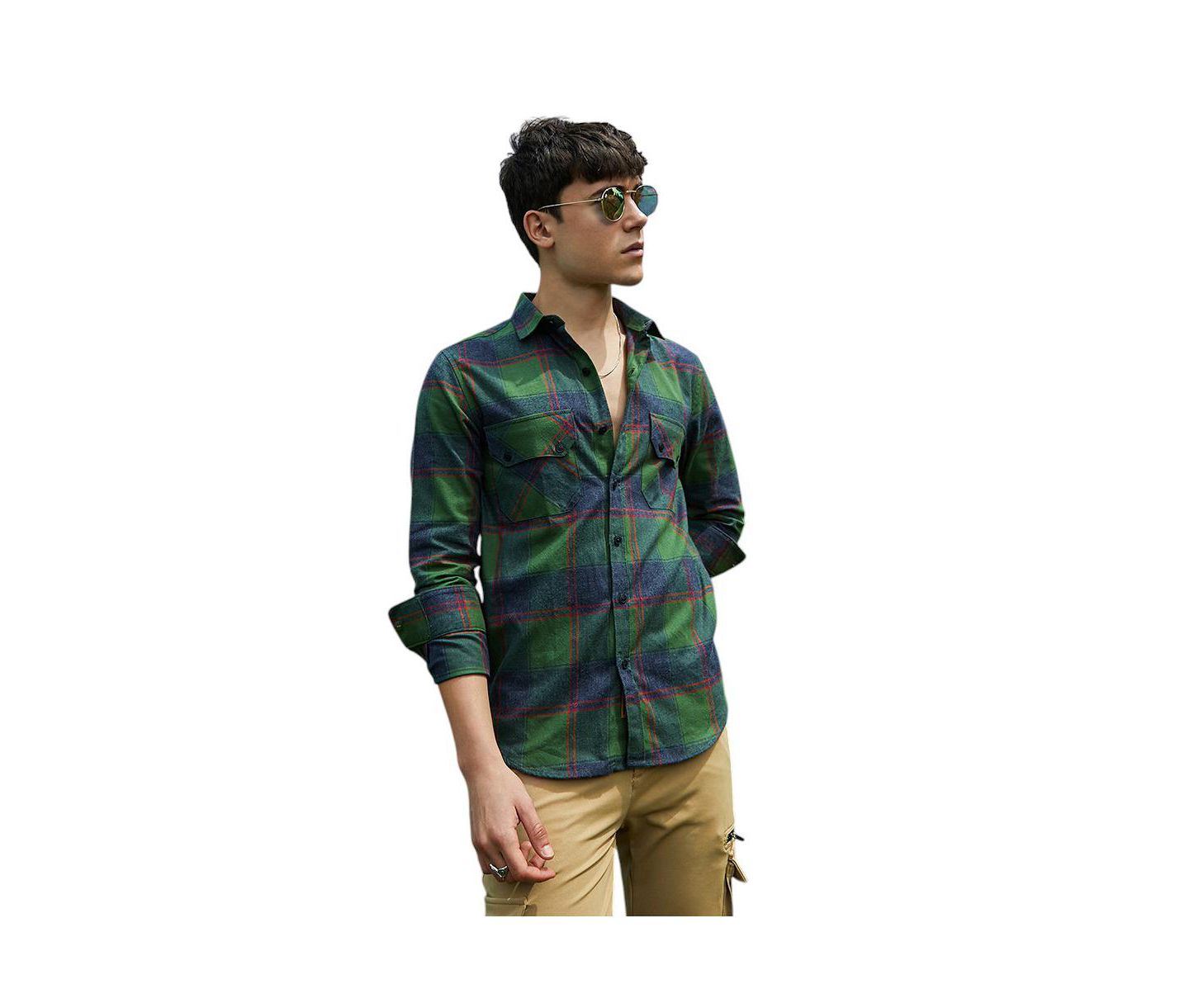 Мужская рубашка Cahoot Campus Sutra Forest Green & Indigo Blue Buffalo Check Utility, цвет: Зелёный — фото 1