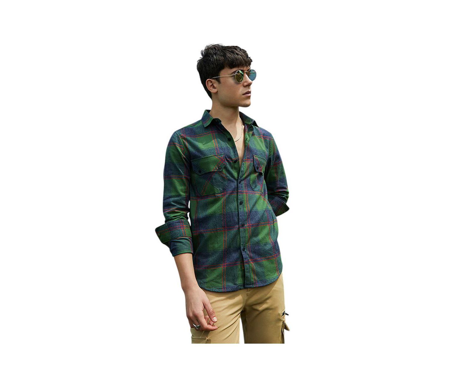 Men's Forest Green & Indigo Blue Buffalo Check Utility Shirt