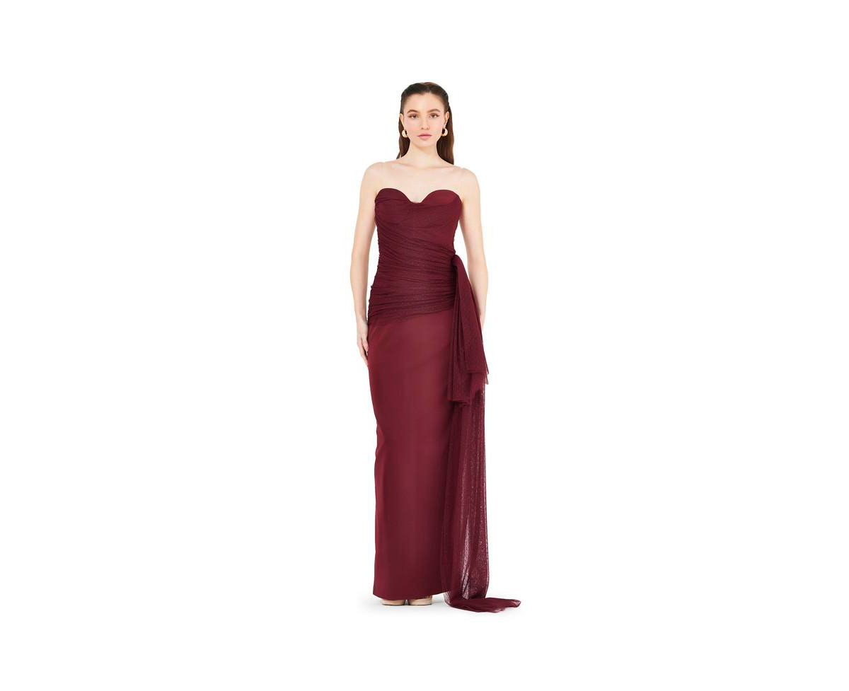 Women's Sweetheart Ruched Tulle Column Gown In Crepe - Maroon