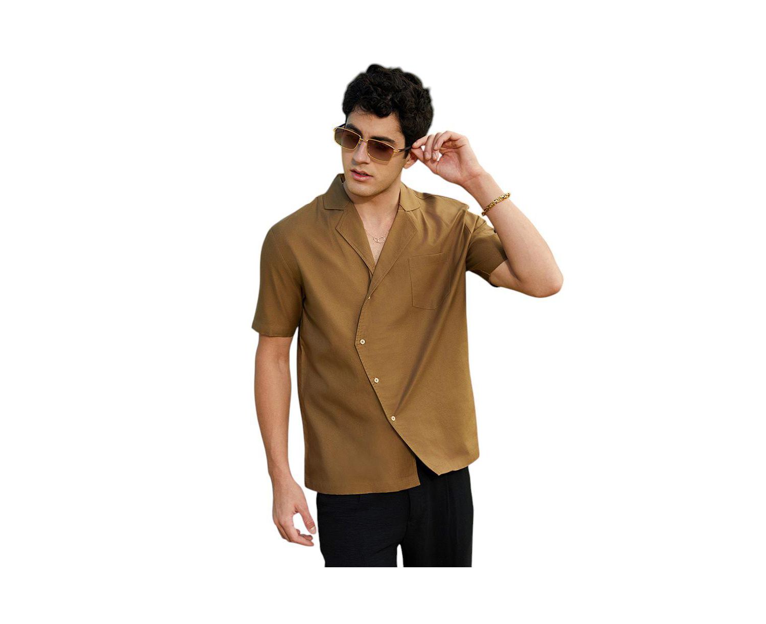 Men's Camel Brown Asymmetrical Cuban Shirt