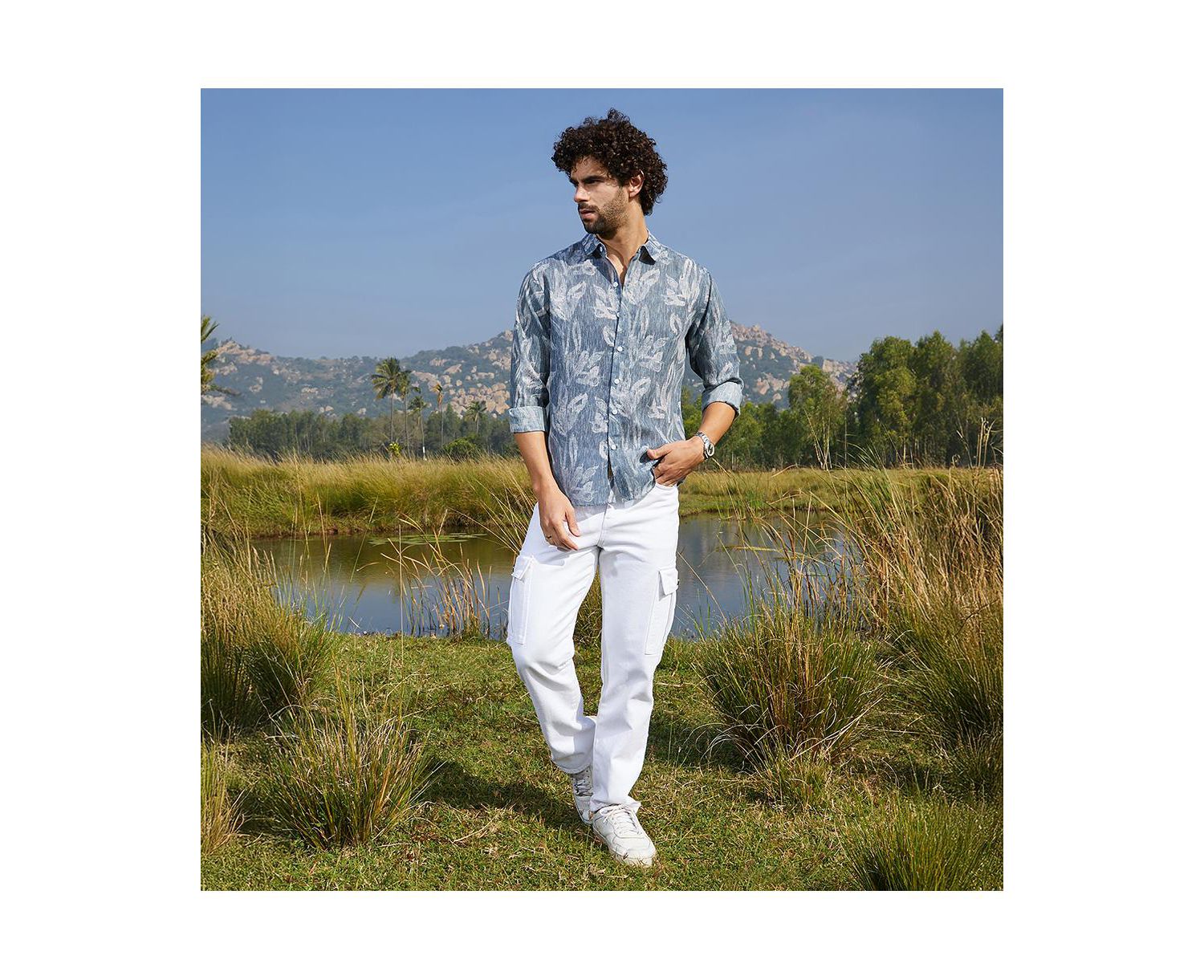 Men's Steel Blue Stroked-Petals Shirt