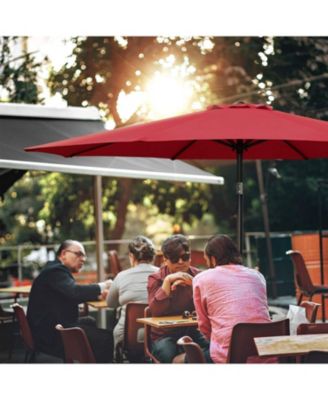One Simple Deluxe 9ft Outdoor Market Table Patio Umbrella with Button Tilt, Crank and 8 Sturdy Ribs for Garden, Red