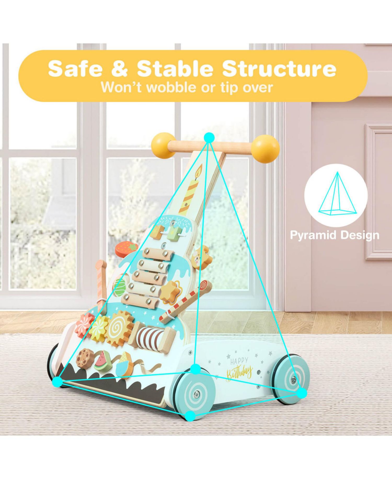 Wooden Baby Walker Ice Cream Cart Toy with Sweet Accessories Smooth