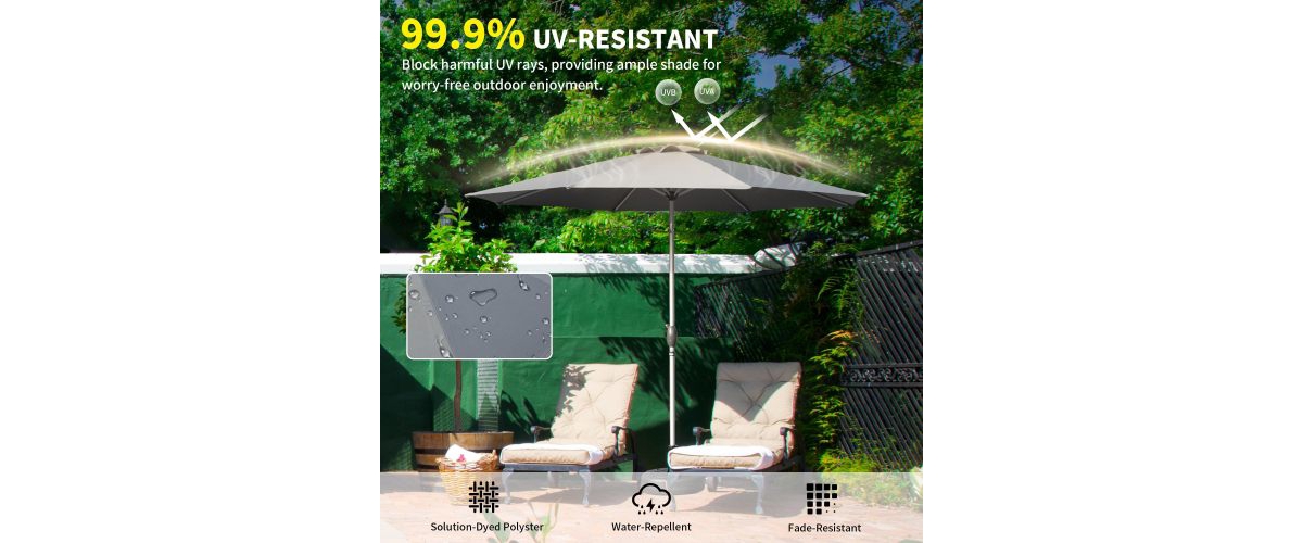 Flynama 10ft Gray Outdoor Patio Umbrella with Crank and Tilt for Garden and Pool