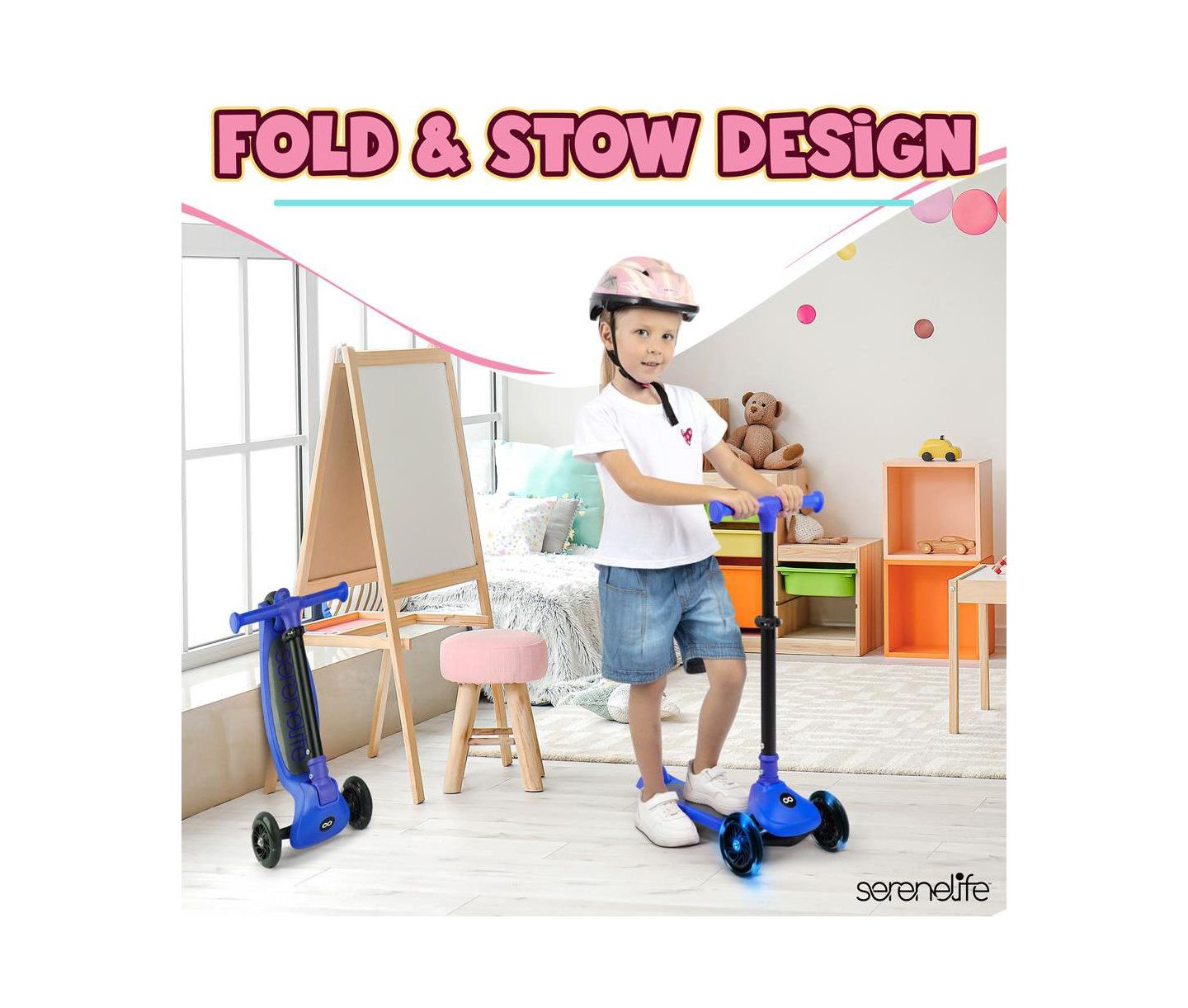 Детская игрушка SereneLife 3-Wheel Foldable Kids Scooter with LED Wheel Lights & Lean-to-Steer Technology, Ages 2+, цвет: Синий — фото 5