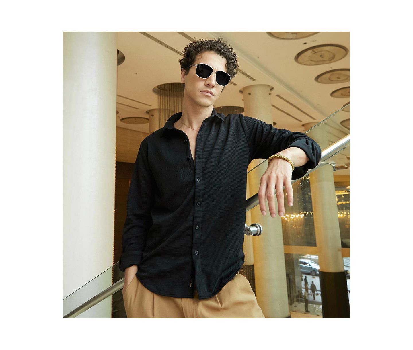Мужская рубашка Cahoot Campus Sutra Midnight Black Waffle-Textured, цвет: Чёрный — фото 5