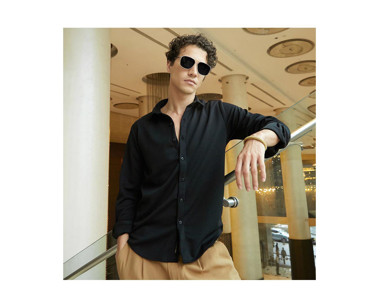 Men's Midnight Black Waffle-Textured Shirt
