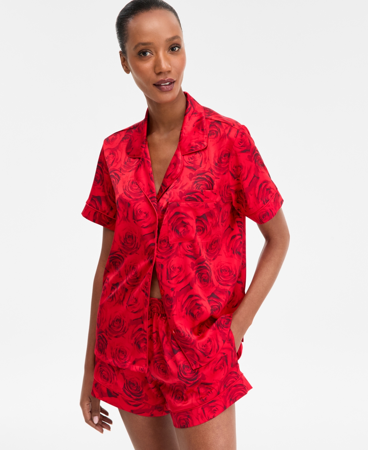 Inc International Concepts I.n.c International Concepts Women's Stretch Satin Short-sleeve Pajama Set, Exclusively At Macy's In Red