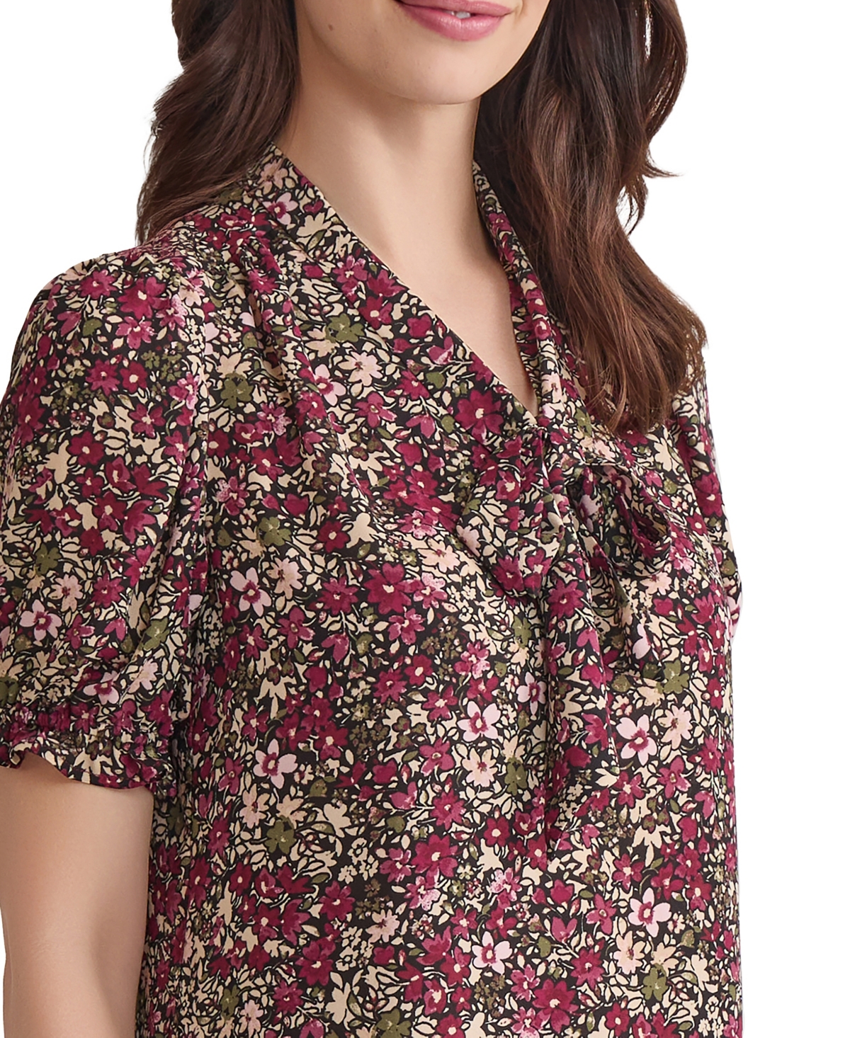 Jones New York Floral Tie Neck Puff Sleeve Top