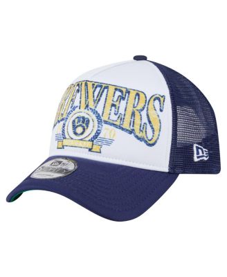 New Era - Men's White Milwaukee Brewers Distressed 9FORTY A-Frame Adjustable Trucker Hat