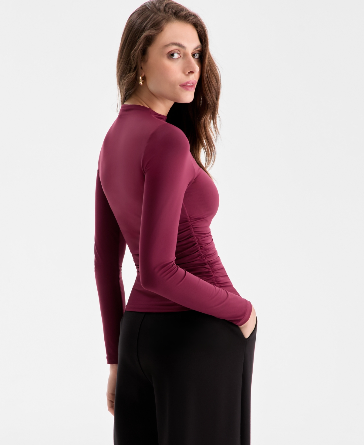 Bar Iii Women's Mock Neck Second-skin Ruched Top, Macy's Exclusive In Red