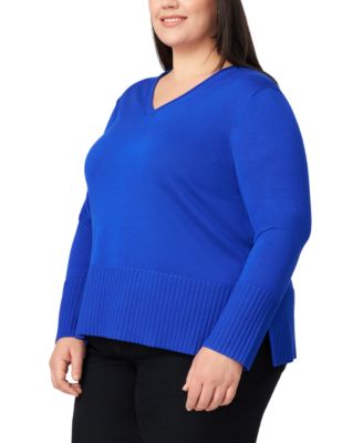 Plus Size Solid V-Neck High-Cuff Sweater