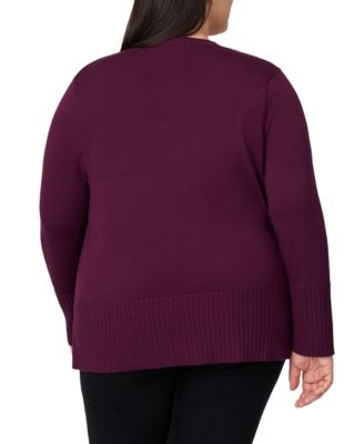 Plus Size Solid V-Neck High-Cuff Sweater
