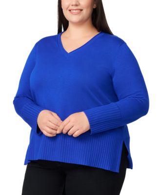 Plus Size Solid V-Neck High-Cuff Sweater