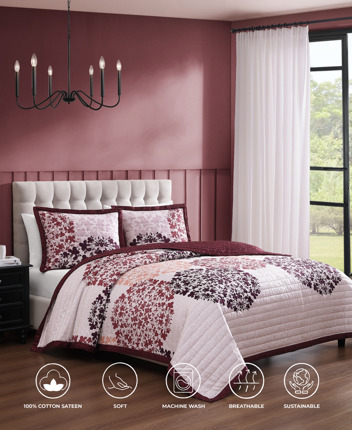 Bebejan Rosewood Harmony 100% Cotton Sateen 3 Piece Reversible Queen Size Quilted Coverlet Set