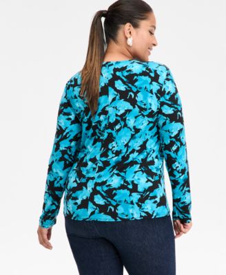 Plus Size Printed Long-Sleeve Surplice-Neck Top, Macy's Exclusive