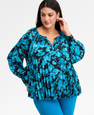 I.N.C. International Concepts - Plus Size Printed Pleated V-Neck Blouse