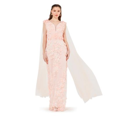 Women's Tulle Cape Sleeve Floral Applique Gown