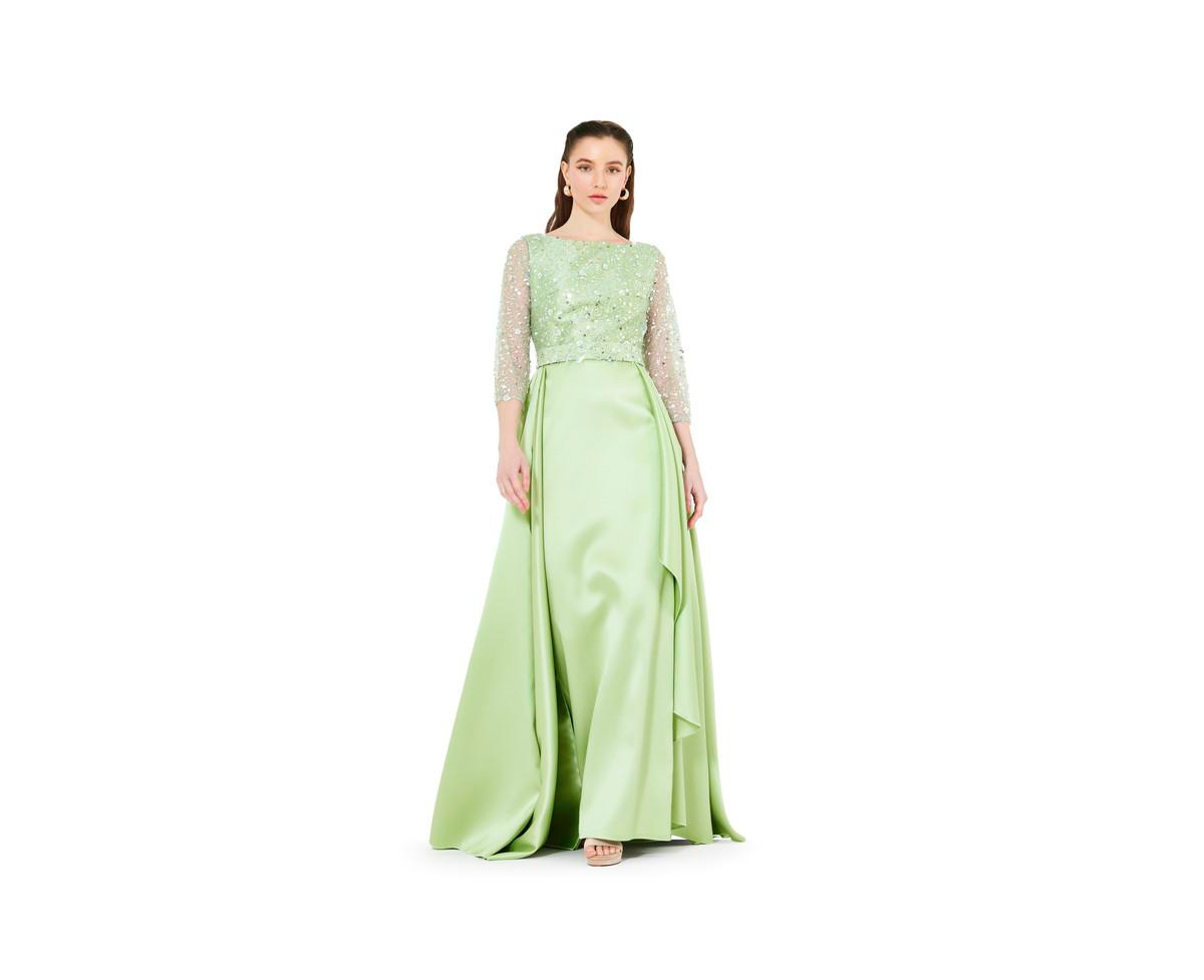 Beaded Bodice Column Gown with Cascading Train - Mint green