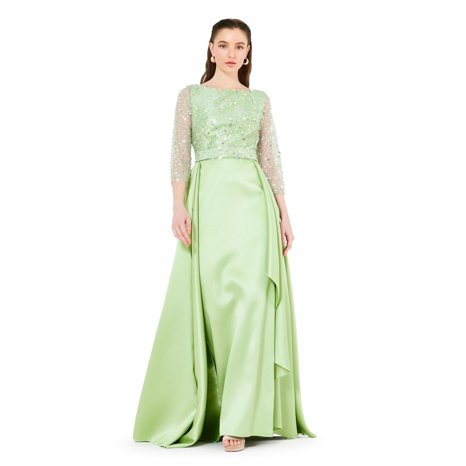 Beaded Bodice Column Gown with Cascading Train