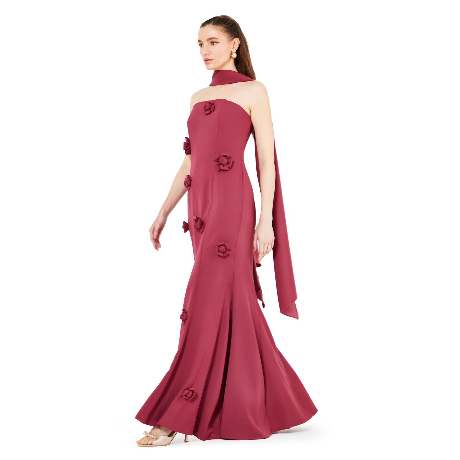 Floral Applique Strapless Mermaid Gown