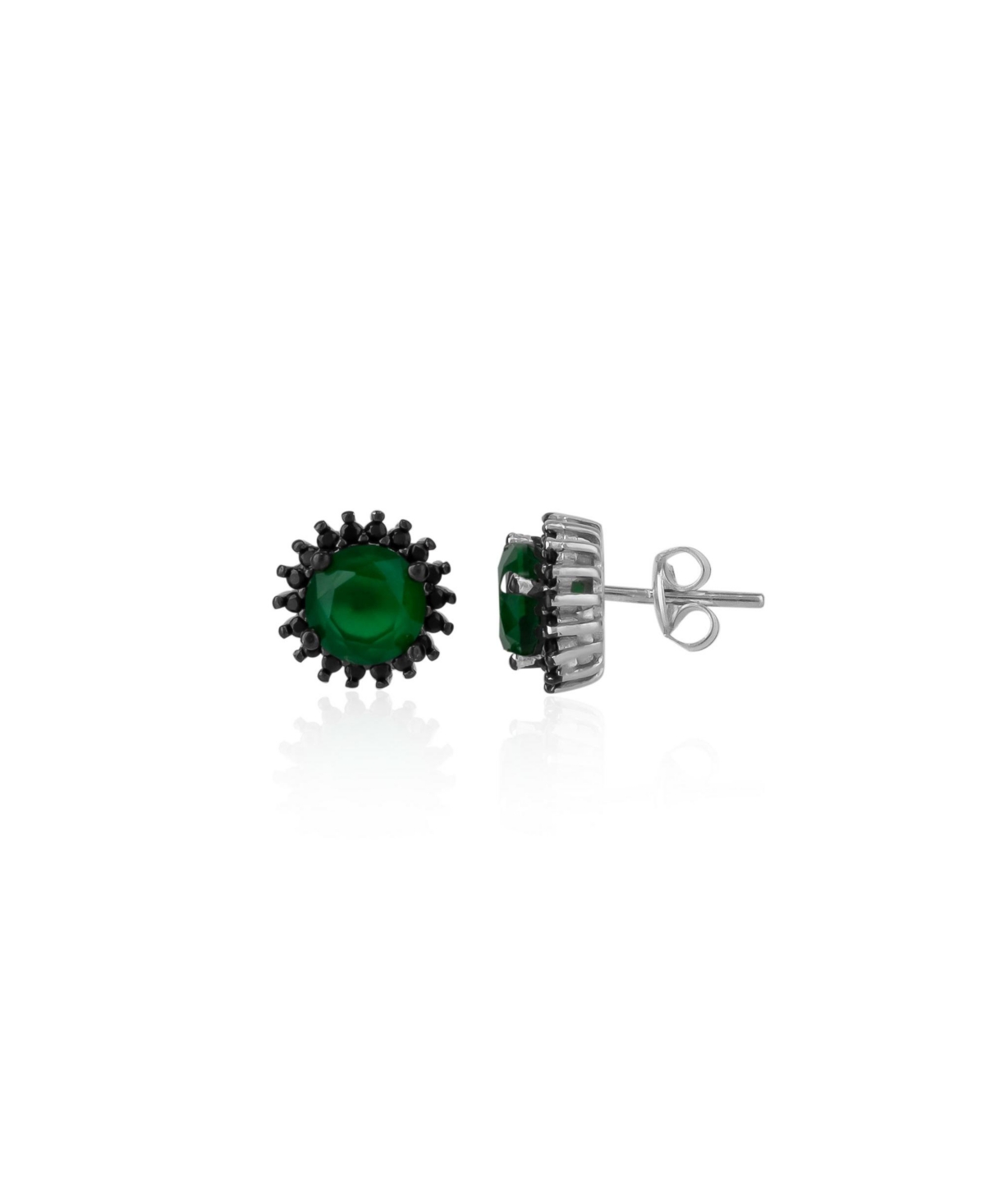 Black Emerald Color Double Halo Stud Earrings in Sterling Silver - Silver