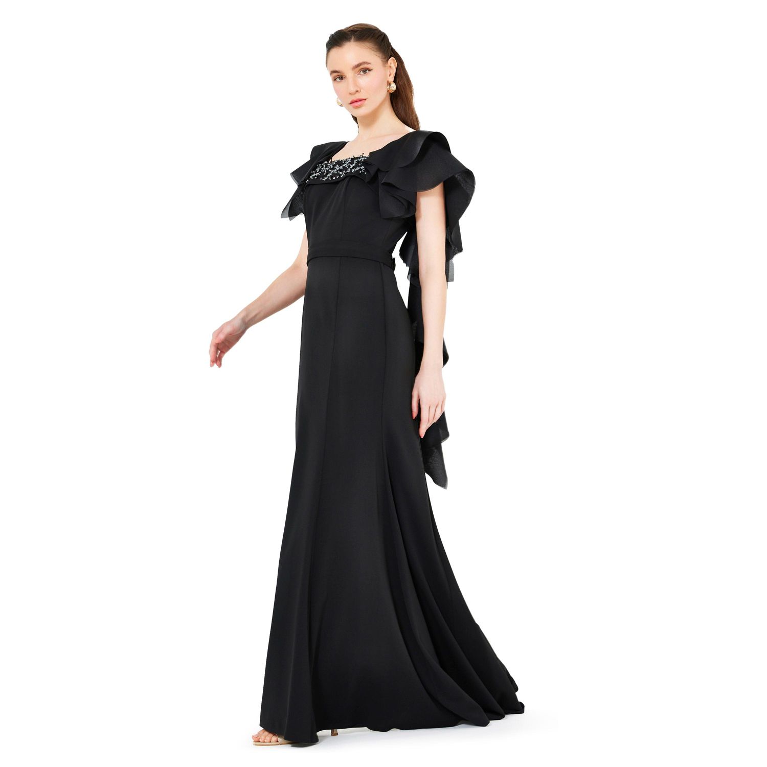 Women's Cascading Sleeves Gown with Embellished Neckline