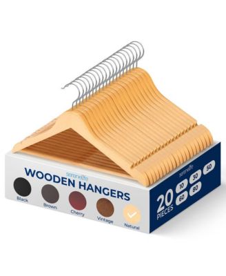 20 Pcs. of Solid Wooden Hangers for Clothes - Heavy Duty Suit Hanger Set with Chrome 360&amp;#xB0; Swivel Hook (Natural Color