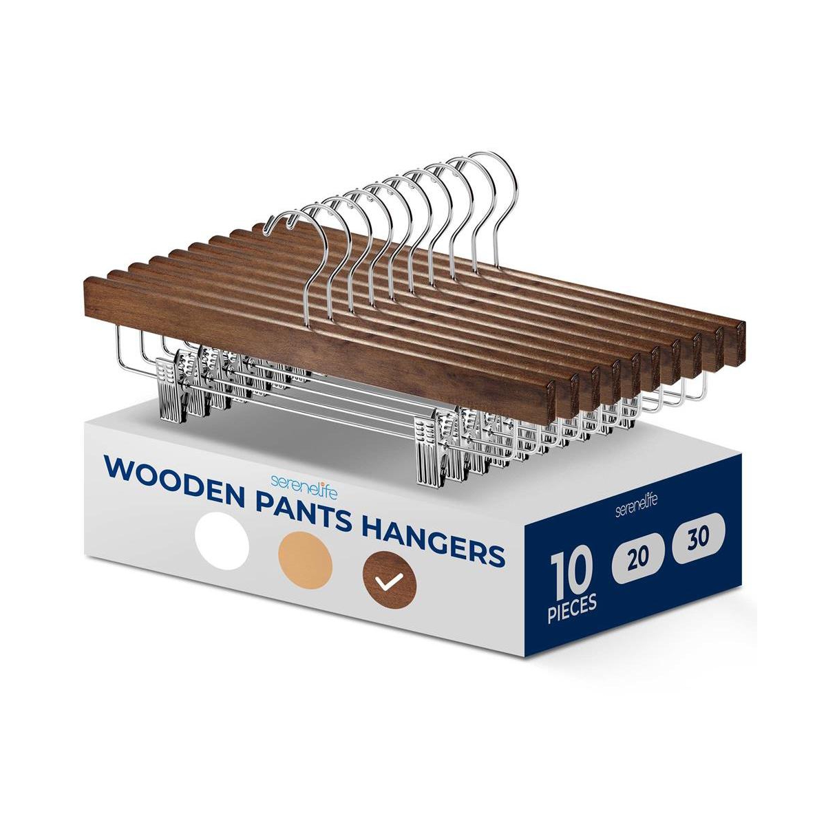 10 Pcs. Premium Wooden Pants Hangers - Heavy Duty Hanger Set with Chrome 360&#xB0; Swivel Hook (Retro) - Brown