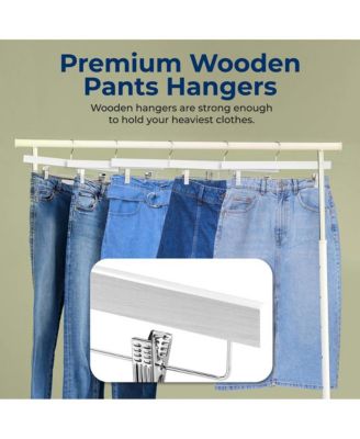 20 Pcs. Premium Wooden Pants Hangers - Heavy Duty Hanger Set with Chrome 360&amp;#xB0; Swivel Hook (White)