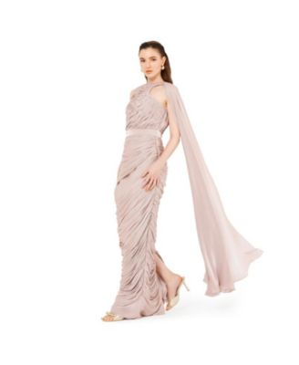 Asymmetric Cutout Ruched Dress With Single Cape Sleeve