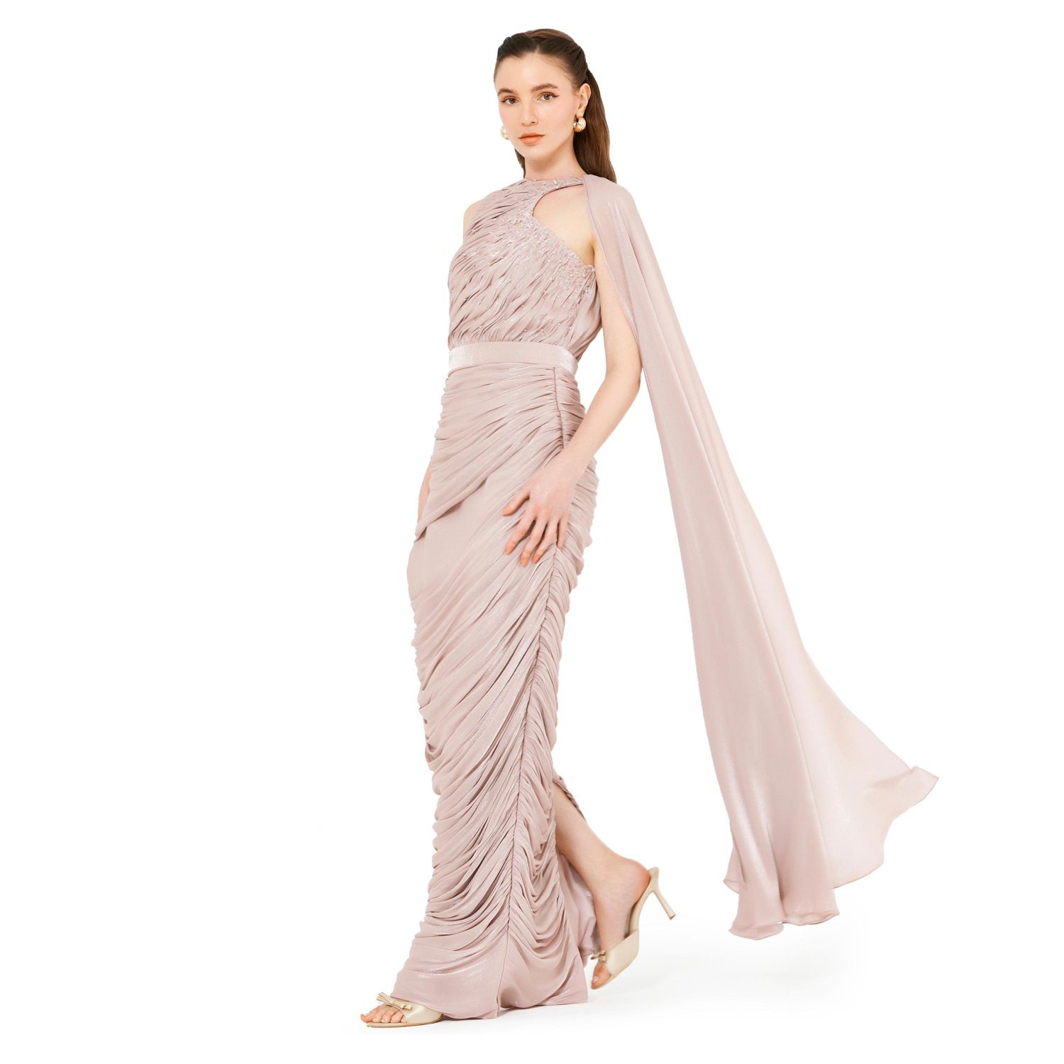 Asymmetric Cutout Ruched Dress With Single Cape Sleeve