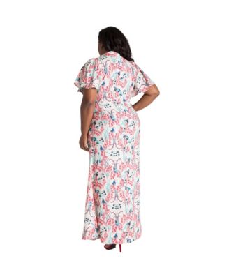 Plus Size Butterfly Sleeve Peacock Print Maxi Dress